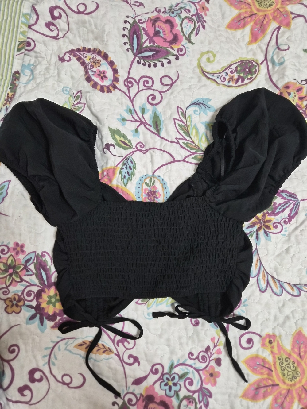 Forever 21 Black Smocked Crop Top with Puff Sleeves
